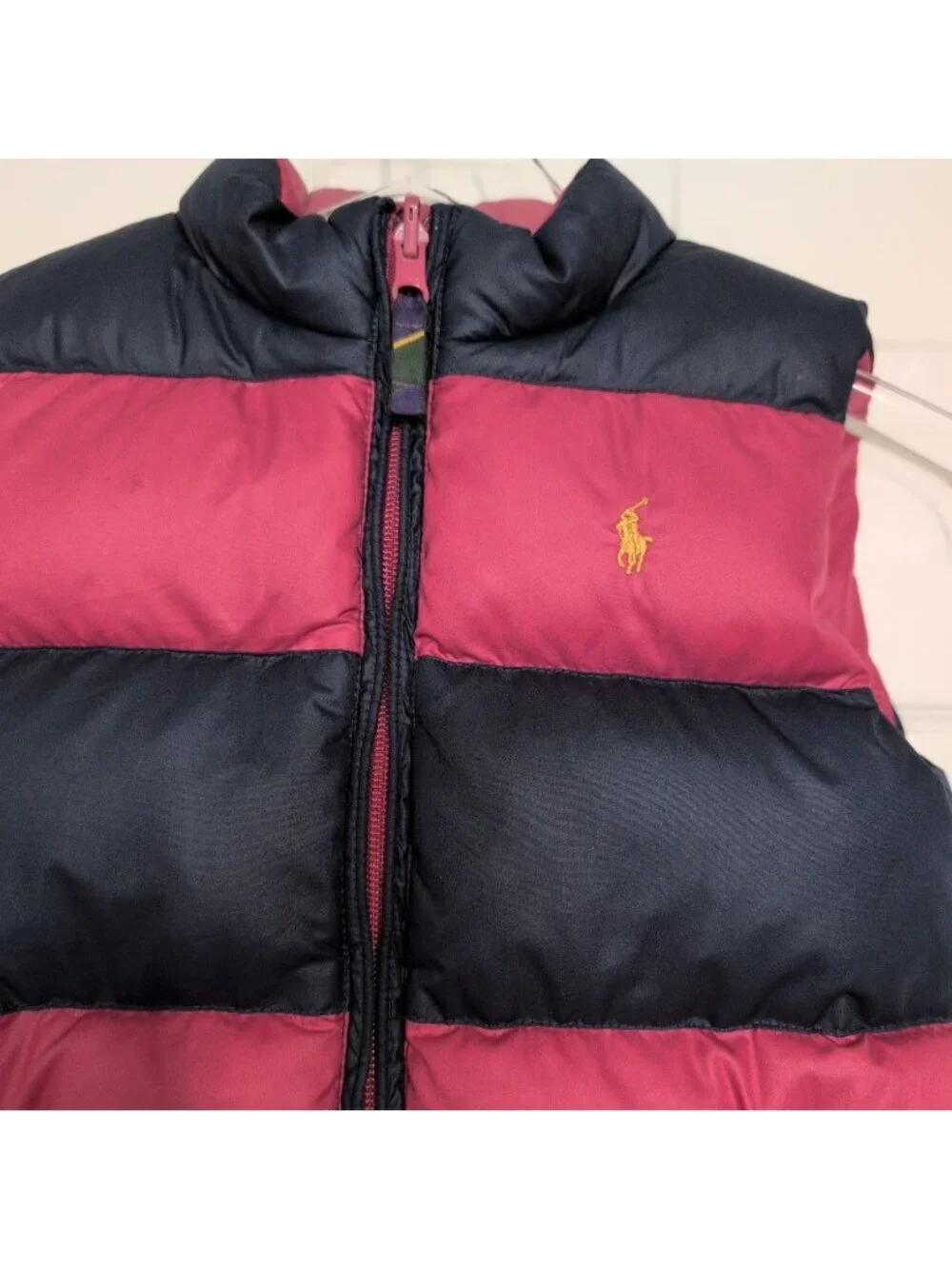 Ralph Lauren Stripe Down Puffer Vest Girls Size 6X Pink Blue Crest Reversible
